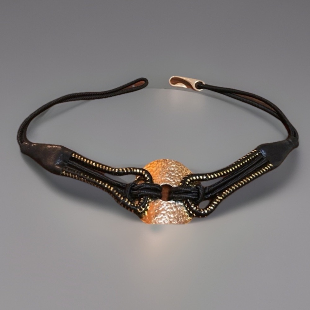 Vintage Black Rope Gold Hammered Modernist Waist Hip Belt S/M 31"